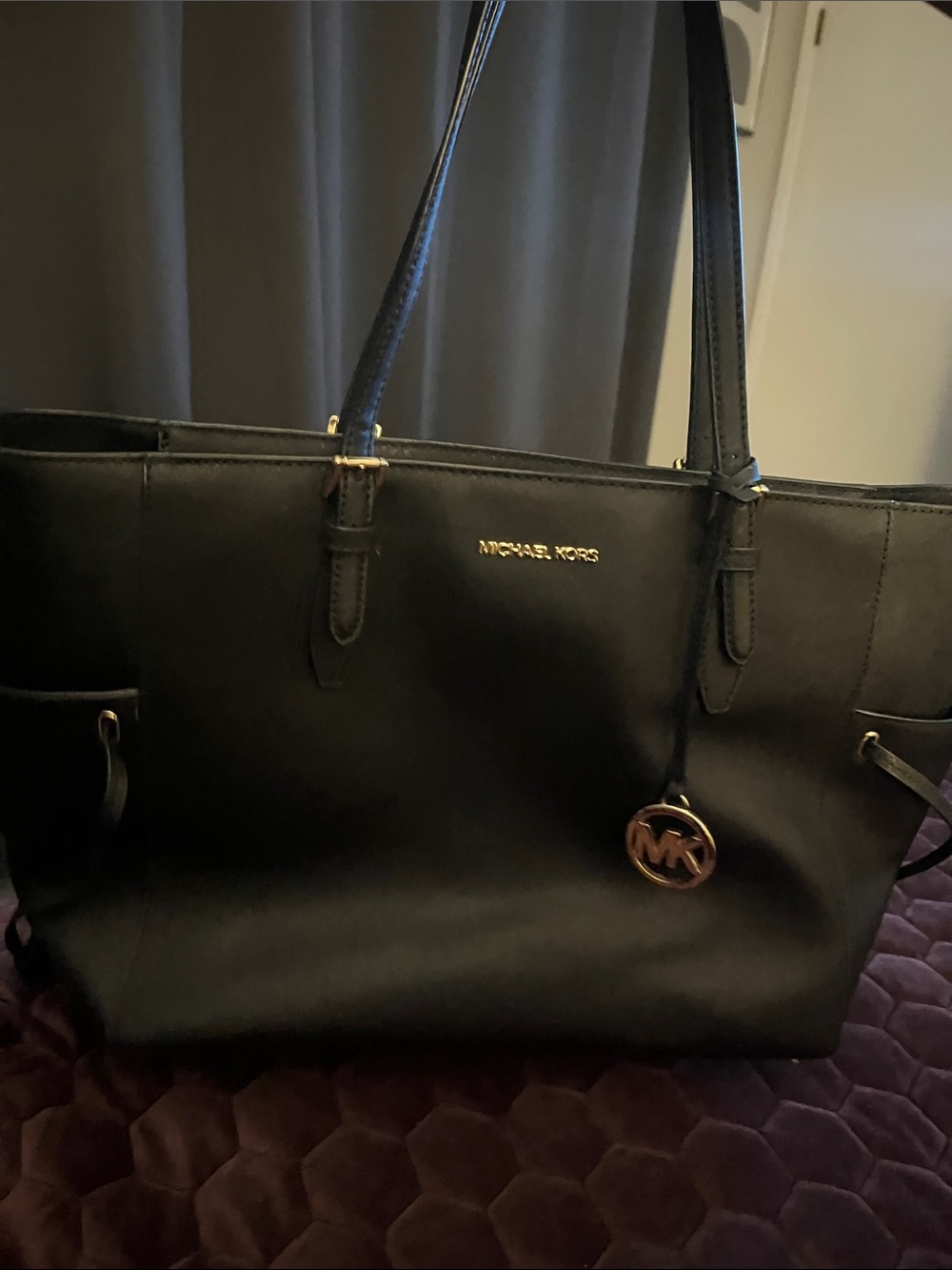 Michael Kors Black Leather Tote with Gold MK Charm